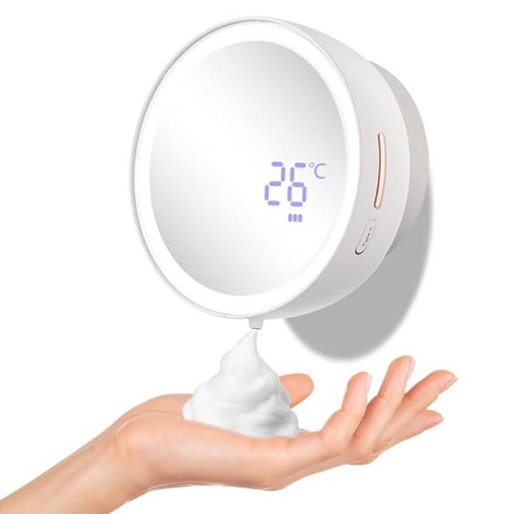 Dozator sapun lichid automat cu oglinda pentru machiaj cu spuma, dezinfectant, dispenser cu senzor de miscare, fara atingere, prindere de perete fara gauri pentru baie, bucatarie, hotel, mall, spital, scoala, 285 ml, Alb