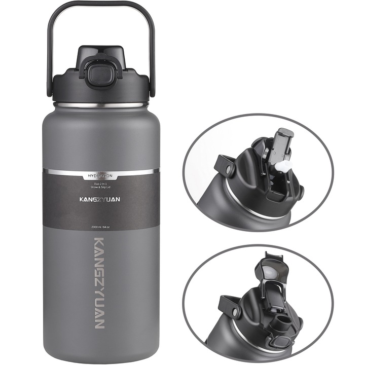 Cana termos de 2000 ml, 12+ ore bauturi reci in aer liber, otel inoxidabil 304, poate fi baut direct, paie incorporata, temperatura scazuta nu ingheata, potrivita pentru cafea, ceai, espresso, ciocolata sau bauturi reci, gri inchis