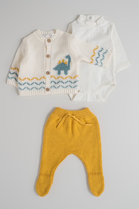 Mayoral, Памучни плетени жилетка, ританки и гащеризон - 3 части, Бял/Шафраново жълто/Персийско зелено