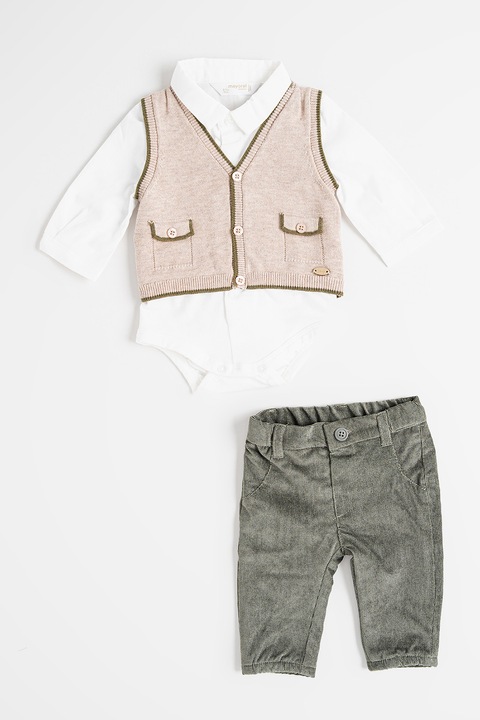 Mayoral, Set de vesta, camasa si pantaloni, Alb/Gri/Maro taupe deschis