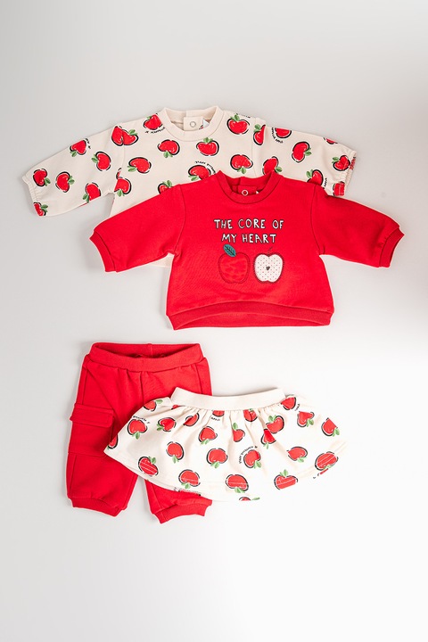 Mayoral, Set de bluza cu imprimeu, fusta si pantaloni - 4 piese, Rosu/Verde/Crem