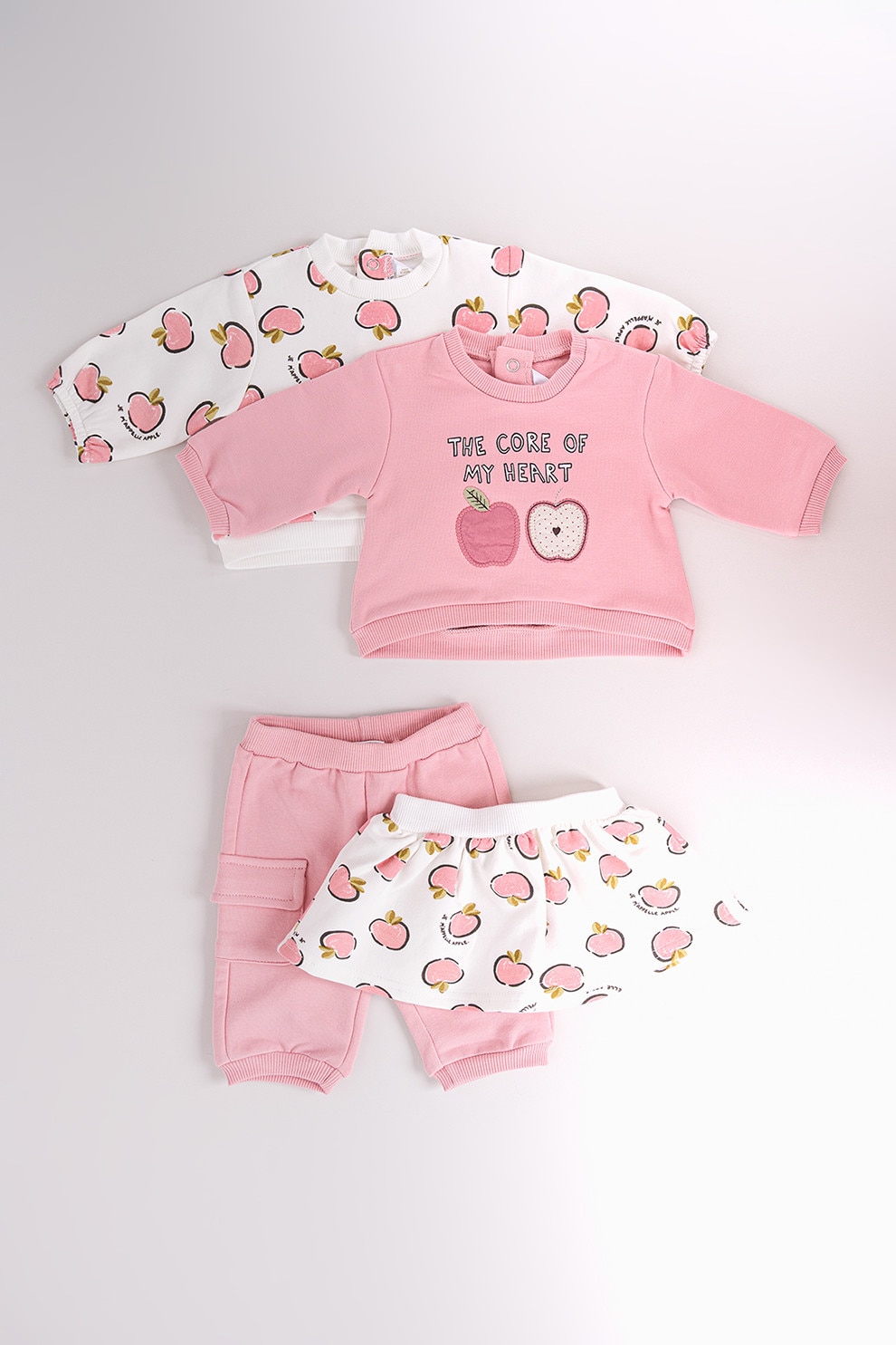 Mayoral, Set de bluza cu imprimeu, fusta si pantaloni - 4 piese, Alb, Verde, Roz prafuit, 65 CM