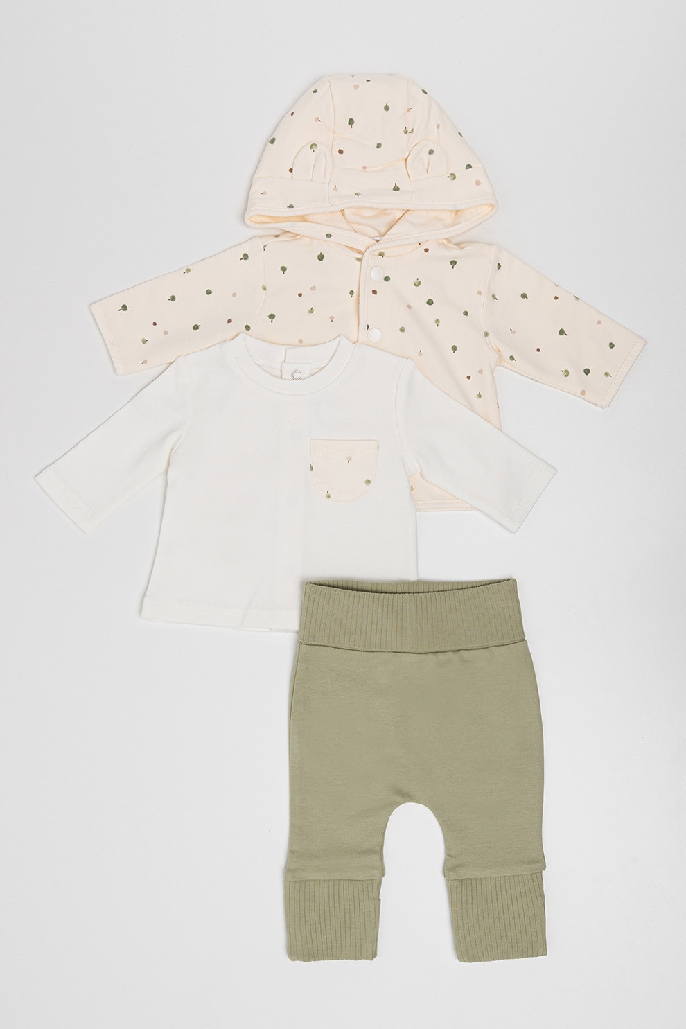 Mayoral, Set de imbracaminte din amestec de bumbac- 3 piese, Alb fildes, Verde spranghel, 65 CM