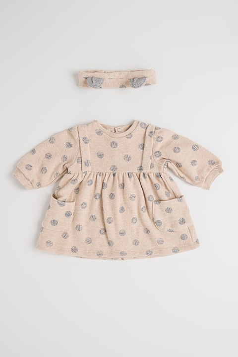 Mayoral, Knit Dress With Hearts Pattern And Headband Set, Bej