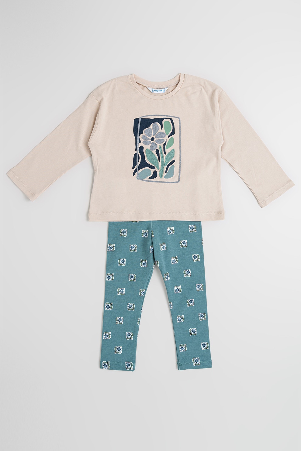 Mayoral, Set de bluza si colanti - 2 piese, Verde persan, Bej deschis, 128 CM