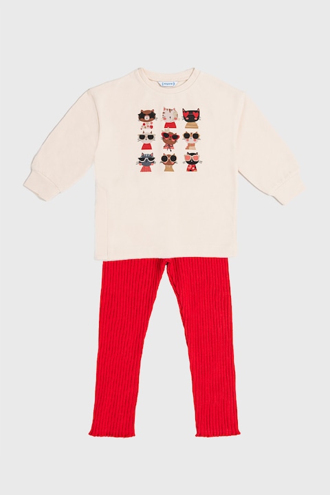 Mayoral, Set de bluza de trening si colanti - 2 piese, Rosu vermillion/Bej deschis