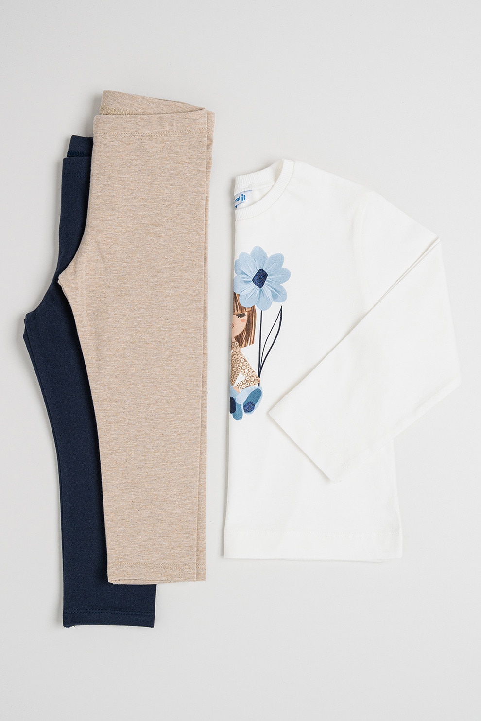 Mayoral, Set de bluza de bumbac si colanti - 3 piese, Alb fildes, Maro nisip, Bleumarin, 128 CM