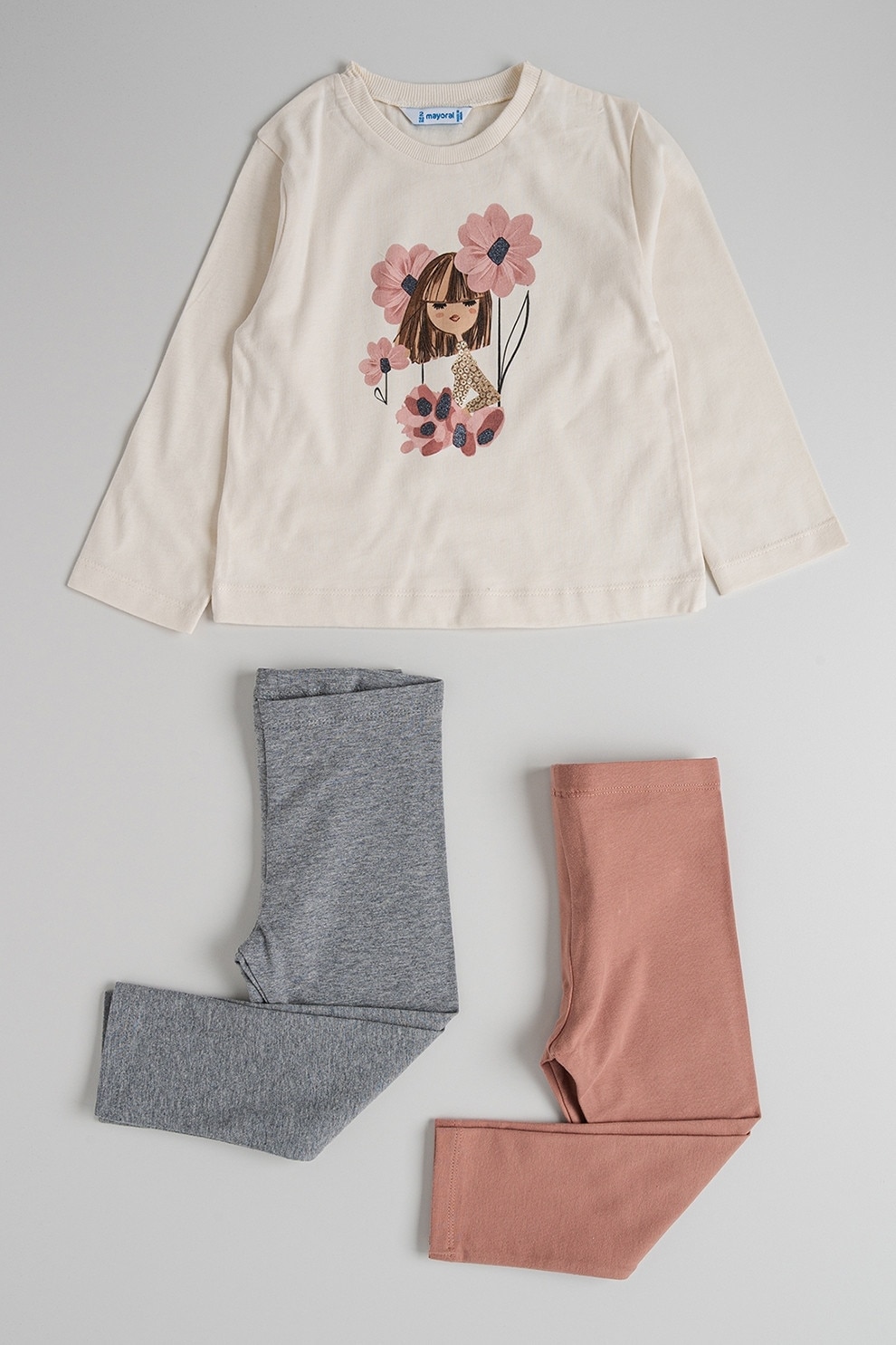 Mayoral, Set de bluza de bumbac si colanti - 3 piese, Alb, Gri melange, Roz prafuit, 134 CM