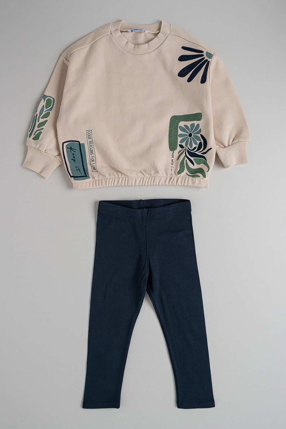 Mayoral, Set de bluza de trening si colanti cu model floral - 2 piese, Alb fildes, Albastru ultramarin, Verde marin, 128 CM