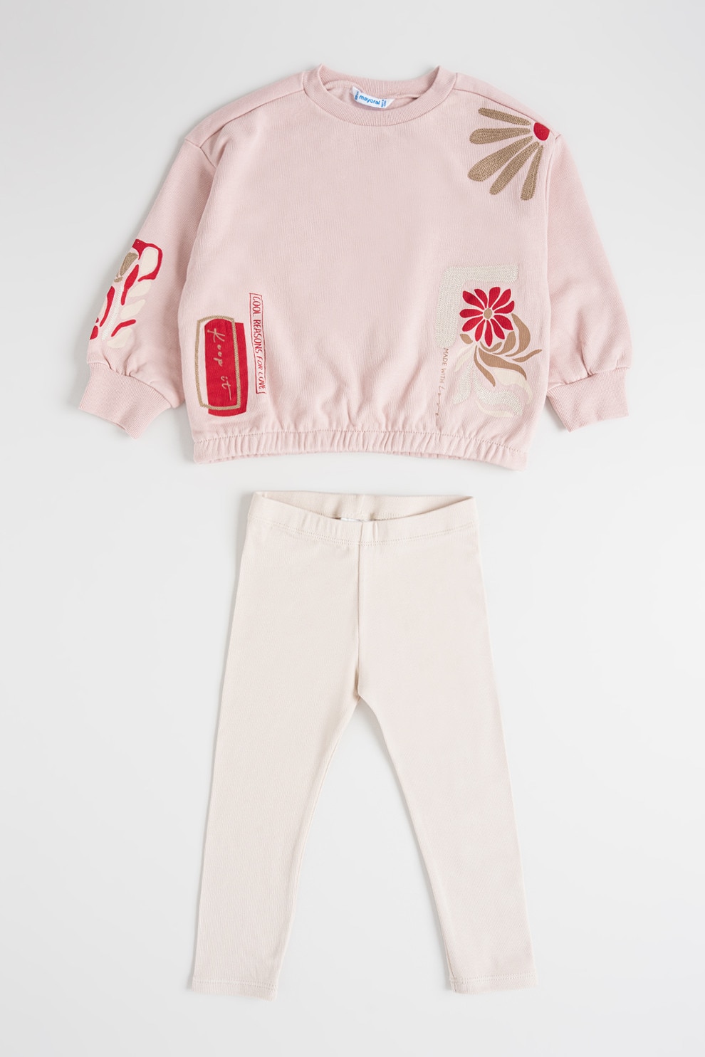 Mayoral, Set de bluza de trening si colanti cu model floral - 2 piese, Lila, Maro fango, Rosu capsuna, 122 CM