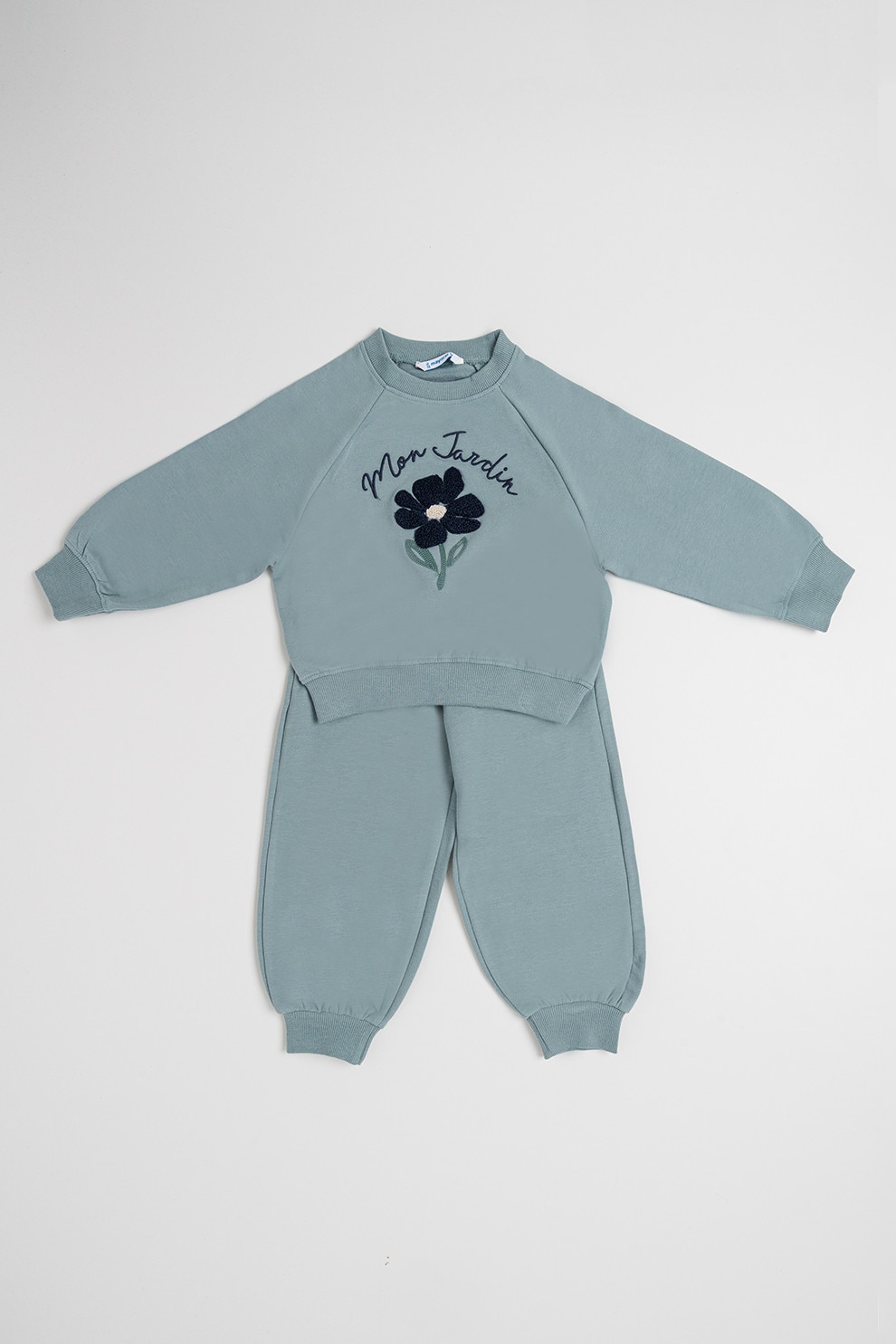 Mayoral, Set de bluza de trening cu broderie si pantaloni uni de trening - 2 piese, Verde persan, Bleumarin, 128 CM