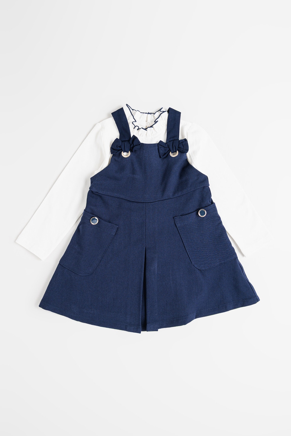 Mayoral, Set de salopeta scurta si bluza cu guler, Alb murdar, Bleumarin, 128 CM