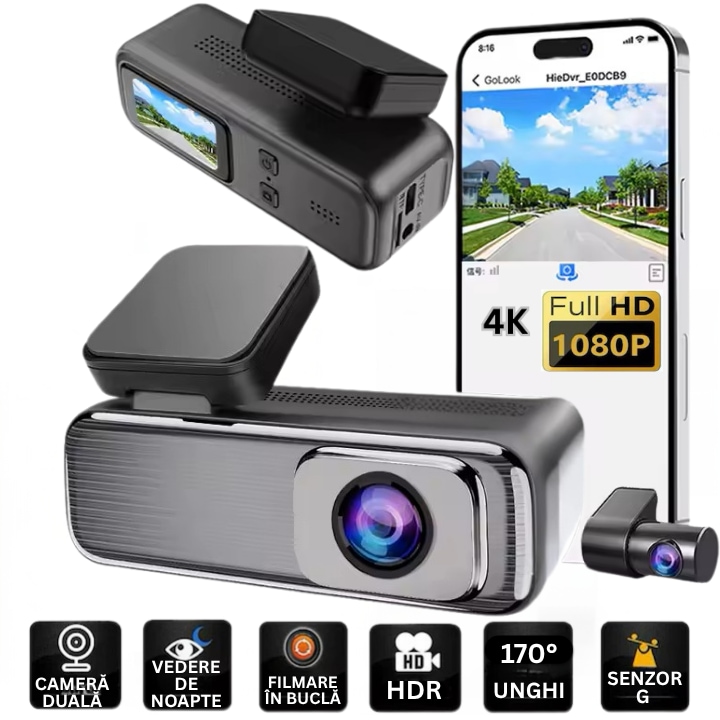Camera Auto de Bord Duala GETWINS® – Protectie Completa in Trafic si la Parcare, Fata-Spate 4K + 1080P, Viziune Nocturna, Inregistrare in Bucla, G-Senzor Inteligent, Control prin Aplicatie Wi-Fi, Unghi Larg 170°, Audio Integrat, Camera Marsarier