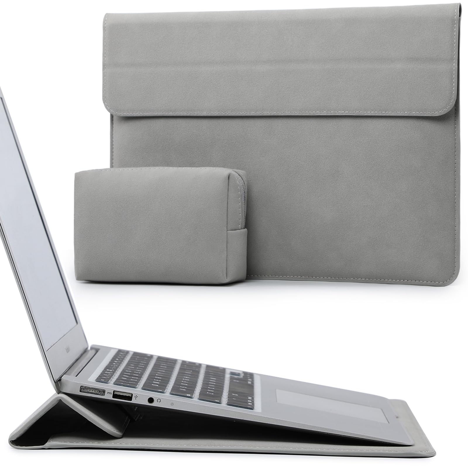 Husa Laptop 13-14 inch, 4 in 1 cu foldable stand, compatibila cu MacBook Air, MacBook Pro, Piele Ecologica, Marime Universala, 28 x 38 cm, Gri titan