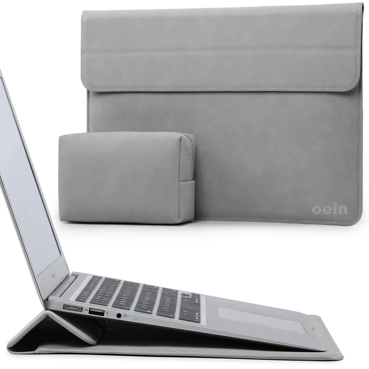 Laptop tok 13-14 hüvelykes, 4 az 1-ben összecsukható állvánnyal, kompatibilis MacBook Airrel, MacBook Pro-val, Műbőr, Univerzális méret, 28 x 38 cm, Titánszürke