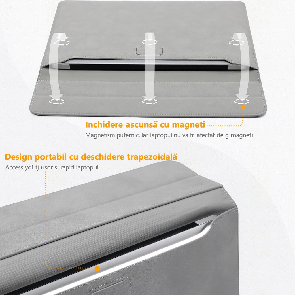 Husa Laptop 13-14 inch, 4 in 1 cu foldable stand, compatibila cu MacBook Air, MacBook Pro, Piele Ecologica, Marime Universala, 28 x 38 cm, Gri titan