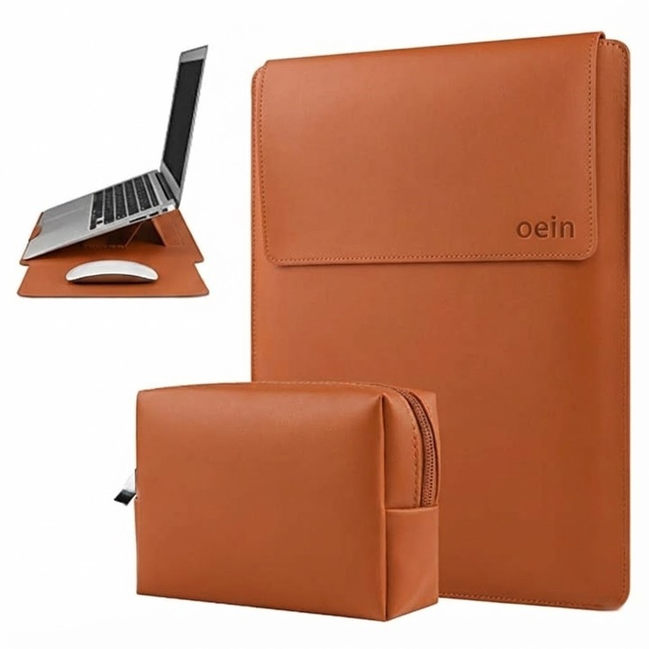 Husa Laptop 13-14 inch compatibila cu MacBook Air, MacBook Pro, Piele Ecologica, Marime Universala, 25 x 34 cm, Maro