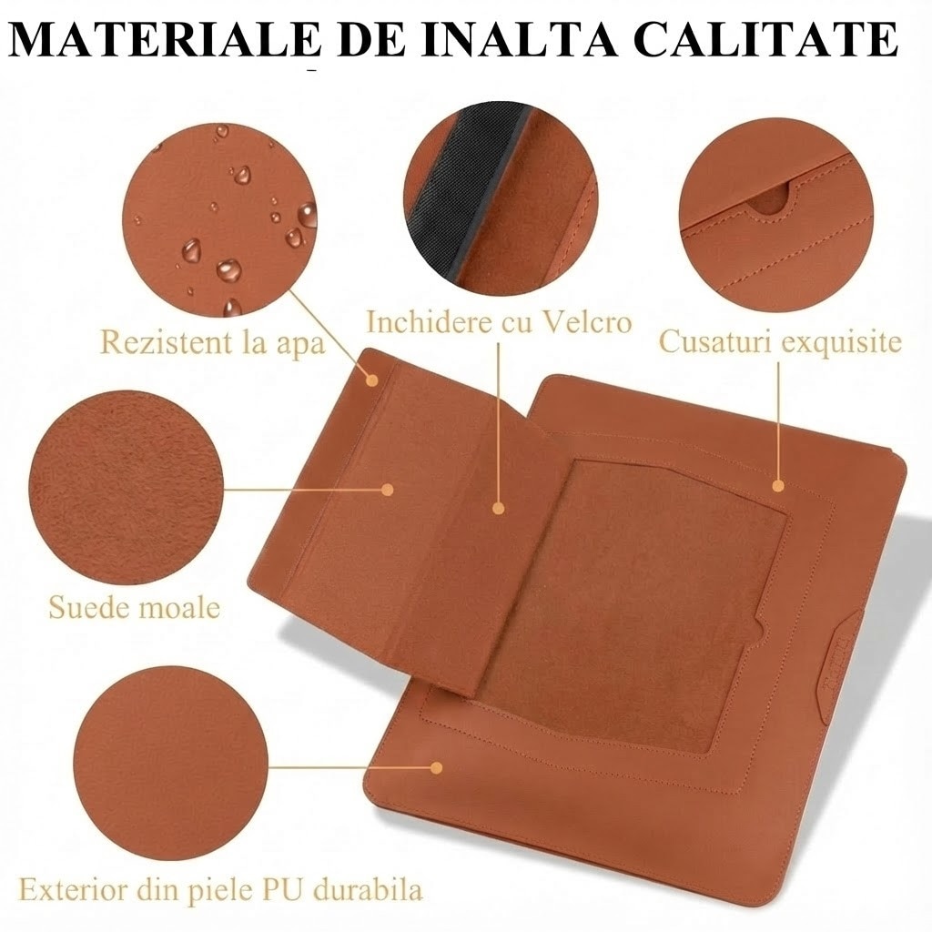 Husa Laptop 13-14 inch compatibila cu MacBook Air, MacBook Pro, Piele Ecologica, Marime Universala, 25 x 34 cm, Maro