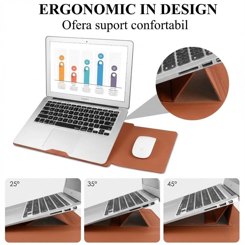 Husa Laptop 13-14 inch compatibila cu MacBook Air, MacBook Pro, Piele Ecologica, Marime Universala, 25 x 34 cm, Maro