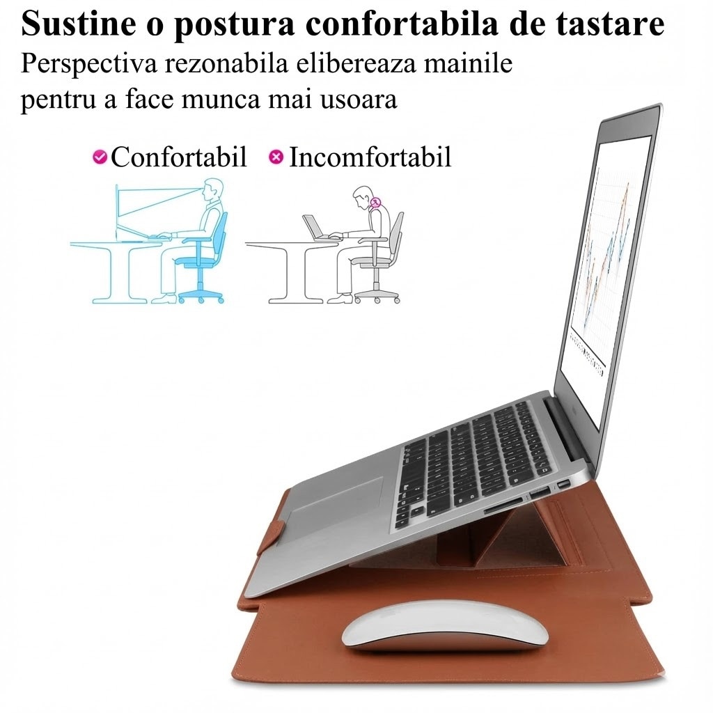 Husa Laptop 13-14 inch compatibila cu MacBook Air, MacBook Pro, Piele Ecologica, Marime Universala, 25 x 34 cm, Maro