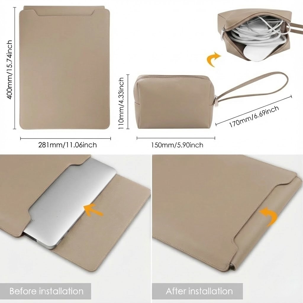 Husa Laptop 15-16 inch, oein, 4 in 1 cu foldable stand, oein®, compatibila cu MacBook Air, MacBook Pro, Piele Ecologica, Marime Universala, 28 x 38 cm, Kaki