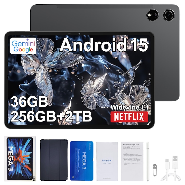 Blackview MEGA 3 tablet, 12.1 hüvelykes 2.5K FHD+ képernyő, 90Hz, Android 15 mesterséges intelligenciával, 36GB+256GB (TF 2TB), MediaTek Helio G100, 8800mAh, 50MP SONY Al kamera, PC mód 2.0, BT 5.0/GPS, fekete