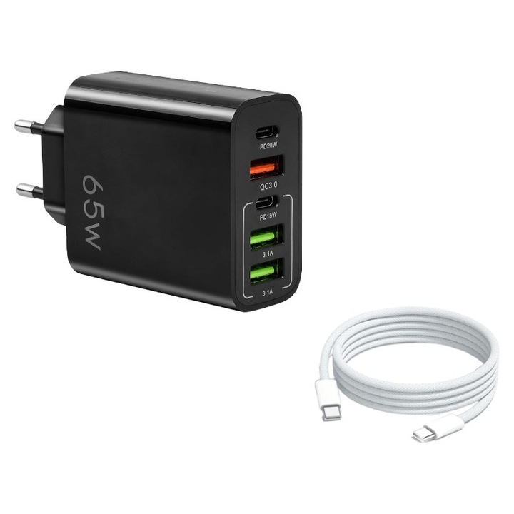 TechEeee 65 W-os többfunkciós USB-C töltő, 5 USB-C és USB-A port, PD 3.0 gyorstöltés, hálózati adapter iPhone 14 Pro Maxhoz, 13, Samsung USB-C töltőkészlet, fekete