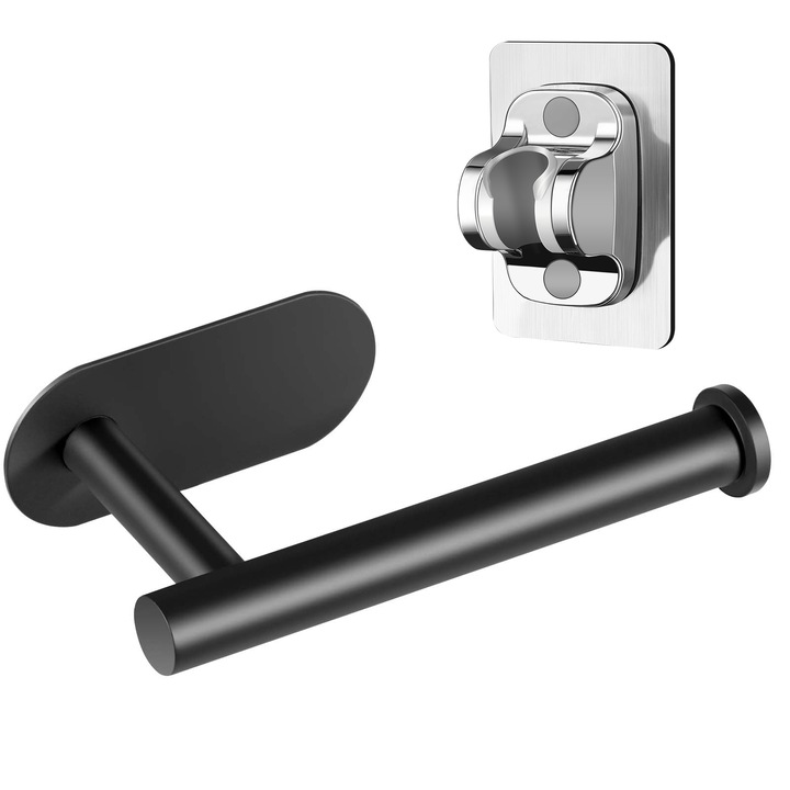 Suport pentru para dus cromat, toaleta autoadeziv, cu Design reglabil si insatlare usoara, Rezistent la apa, rezistent la rugina, Pentru marmura neteda, suprafete metalice, placi ceramice plane, sticla neteda, Sustinere puternica a sarcinii, ABS, Negru