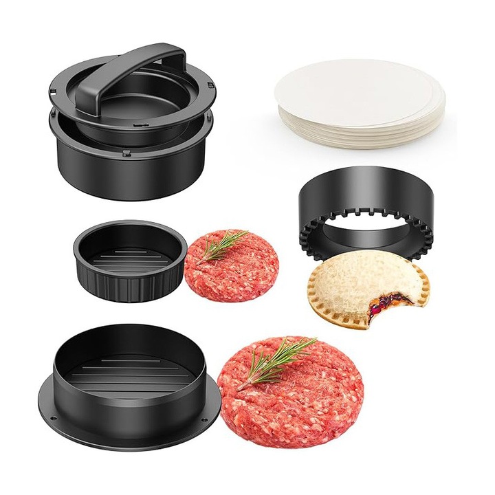 Presa hamburger，BOMSTOM, cu 100 de foi de silicon, 4-in-1, ABS, stivuire, pentru sandwich-uri, Burger Patties, cu instructiuni, negru