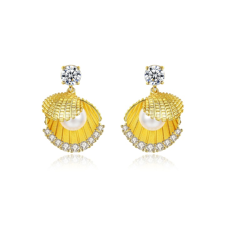 Női kagyló és gyöngy fülbevaló, 18K aranyozott, 3A cirkónia, arany színű