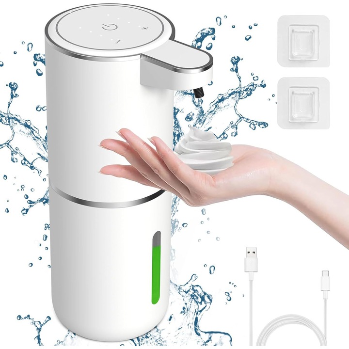 Dozator automat de sapun spumant, Dussdote, fara atingere, indicator LED, 4 niveluri de spuma reglabile, impermeabil, reincarcabil USB, poate contine detergent, dezinfectant, gel de dus, potrivit pentru baie, blat de bucatarie, birou, 380 ml, alb