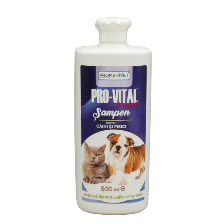 Sampon Pro Vital Normal 500 ml pentru intretinerea si igienizarea blanii la Caini si Pisici, dizolva si emulsifica murdaria din lichidul de spalare. Parfumul din sampon are efect dezodorizant