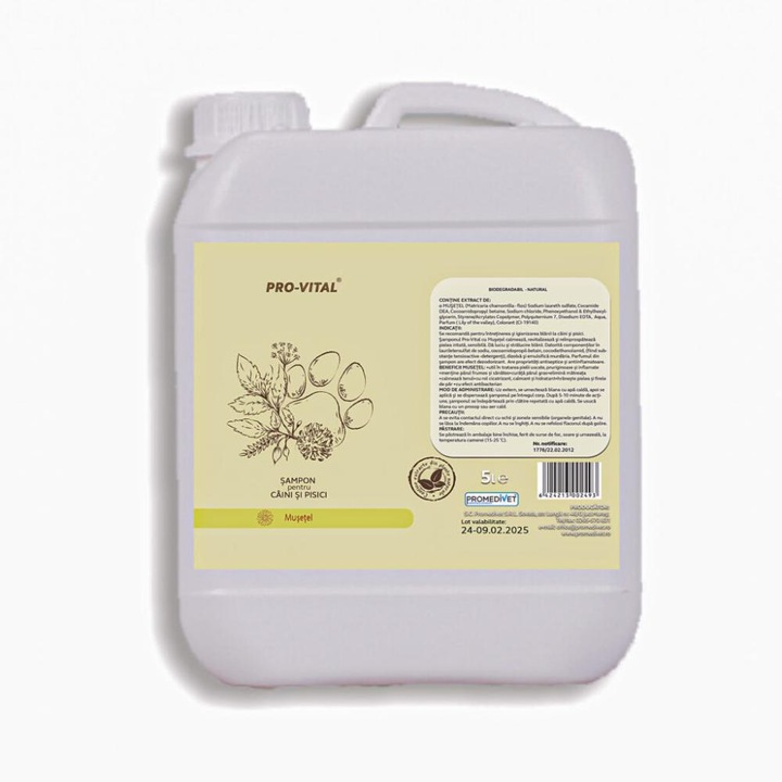 Sampon Pro Vital Musetel 5 l calmeaza, revitalizeaza si reimprospateaza pielea iritata, sensibila. Util in tratarea pielii uscate, pruriginoase, inflamate, mentine parul frumos si sanatos, curata parul gras, elimina matreata
