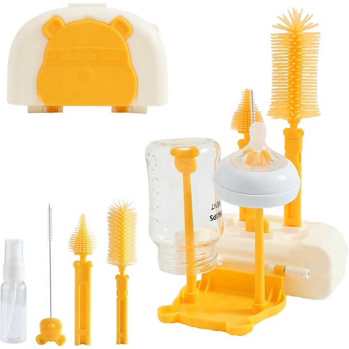 Set 2 Perii de Silicon Igiena pentru Curatarea Biberoanelor, Tetinelor, Suzetelor si Paharelor, cu cutie pentru depozitare si uscare inclusa, ideal pentru calatorii, Galben