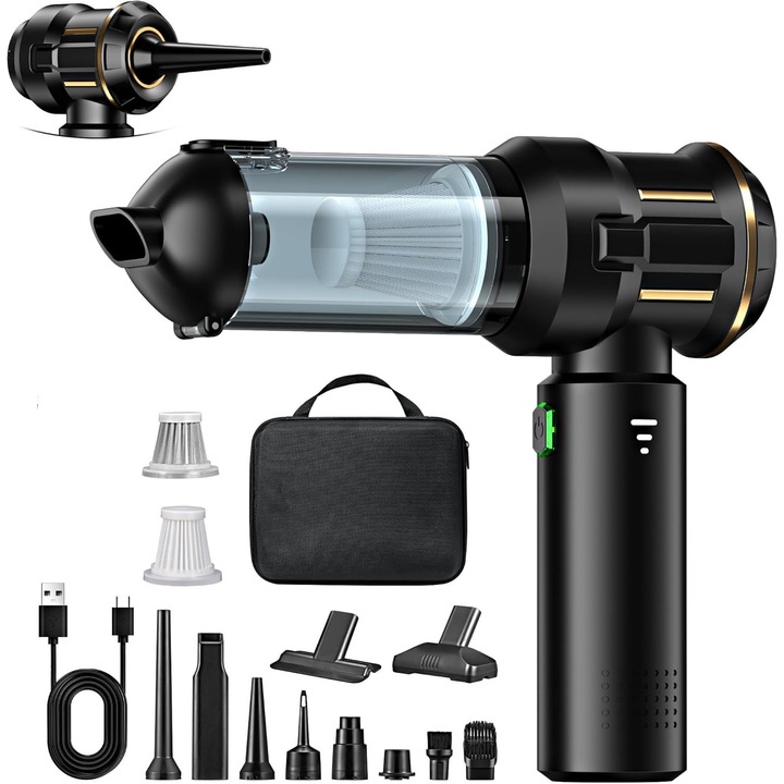 Aspirator de mana 16000Pa 3 viteze Oricean ® Putere 120W, Recipient de praf cu o singura atingere, Autonomie 30 minute, Incarcare USB, cu 2 filtru HEPA, Negru