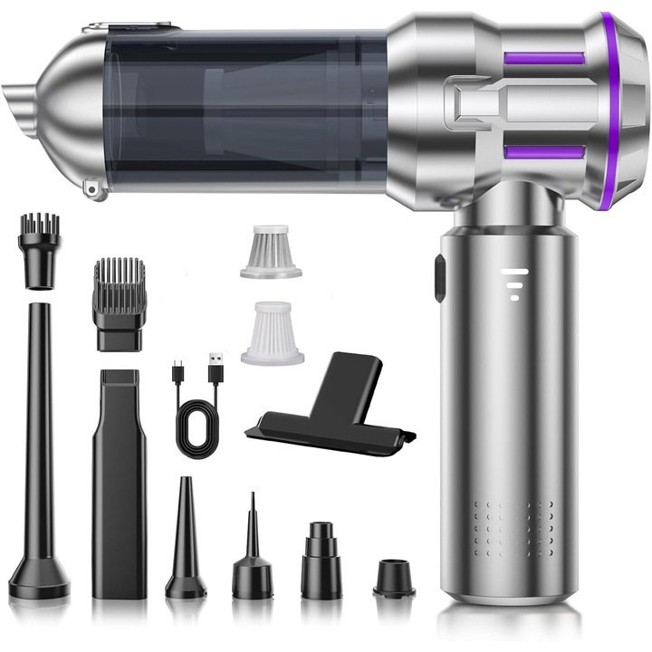 Aspirator de mana 16000Pa 3 viteze Oricean ® Putere 120W, Recipient de praf cu o singura atingere, Autonomie 30 minute, Incarcare USB, cu 2 filtru HEPA, Gri