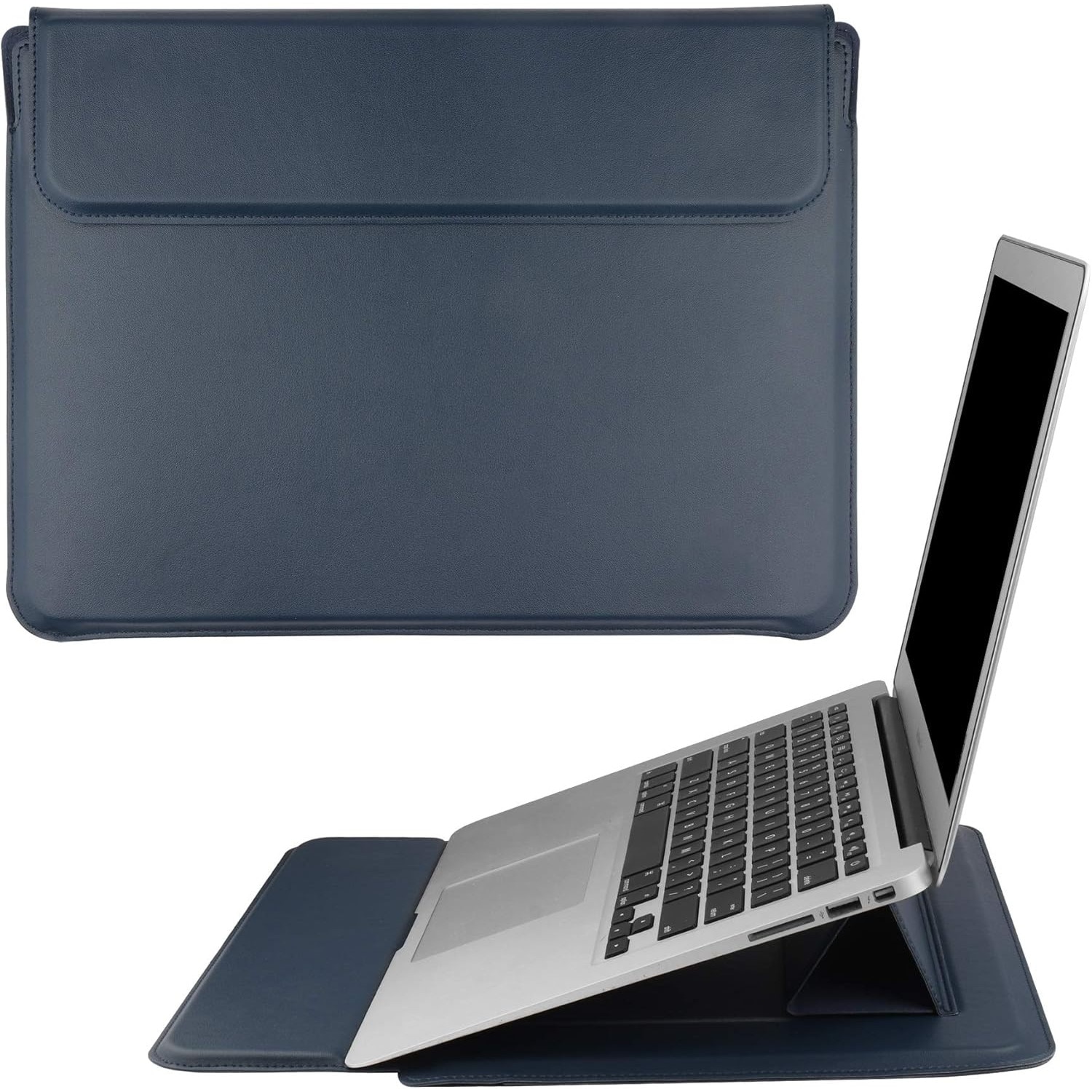 Husa/Carcasa Laptop 15/16 inch, Piele PU Eco, Compatibila MacBook Air 15 (M2 M3), MacBook Pro 16, Dell XPS 15, Lenovo ThinkPad X1 Extreme, Asus ZenBook 15, cu Suport Pliabil, Protectie, Albastru