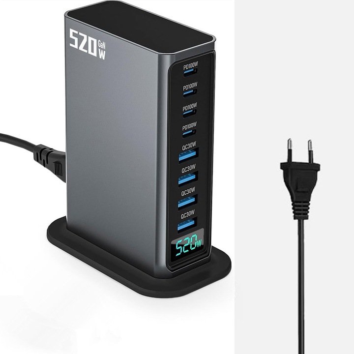 Настолно зарядно GaN 520W XINLOSHU®, станция за бързо зареждане с 8 порта PD 100W за мобилен телефон, за iPhone, Dell с кабел Type-C към C 60W, бронз