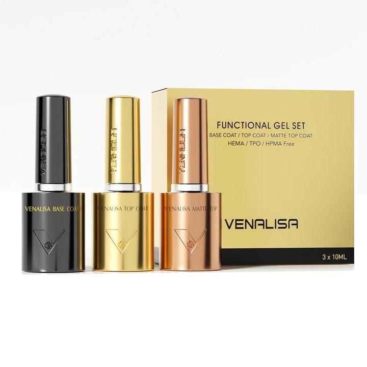 Set Venalisa Base Coat, Top Coat, Top Coat Mat, HEMA free, TPO Free, HPMA Free, protectie completa pentru unghii sensibile, 10 ml, 3 piese