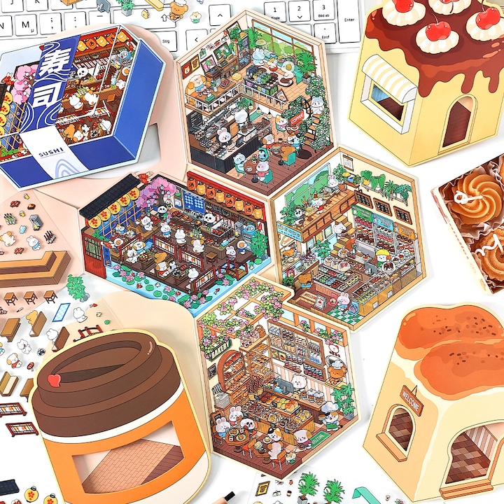 Комплект Направи си сам декоративни стикери 3D мини къщички, 4 сцени, 12x17см, многоцветен