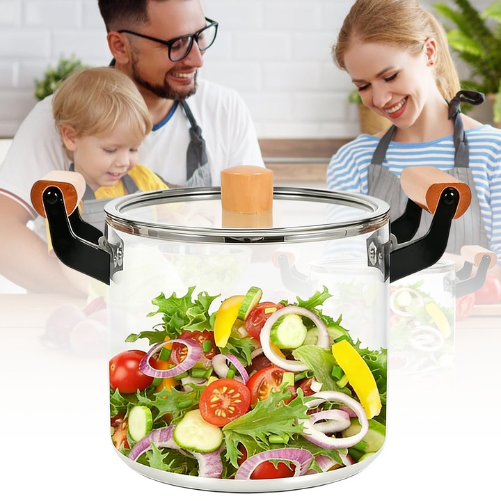 Oala din sticla borosilicata, MOROVAN, 4.5L, cu capac, manere din lemn, rezistenta la caldura, pentru Gatire si Servire, 29x16.5 cm, Transparenta