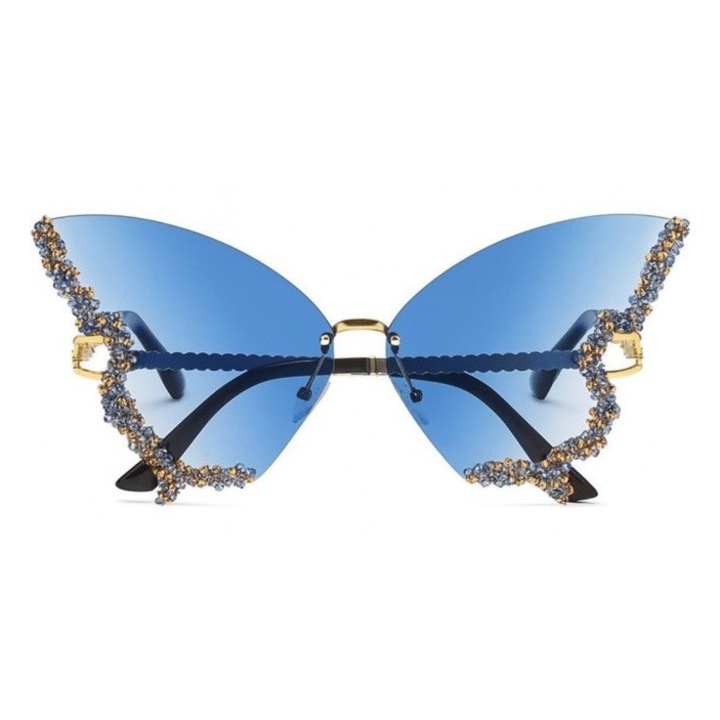 Ochelari Glamour Fluture, cristale multicolore, festival fashion, protecție UV400, Albastru