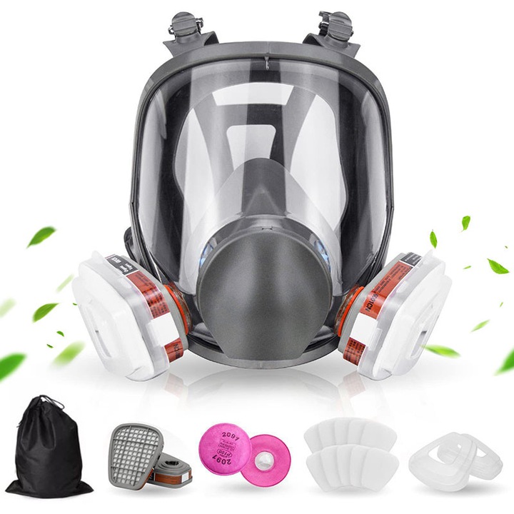 Set masca respiratorie, protectie impotriva prafului si gazelor toxice, confortabila si respirabila, 10 filtre cu carbune activ, 2 filtre 2097, filtrare eficienta a gazelor organice, vaporilor sau particulelor, material cauciuc/PC, reglabila, Negru