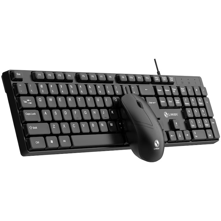 Set tastatura si mouse cablat cu cursa scurta si sunet redus, capsa dublu strat, suport mare cu unghi reglabil, design ergonomic cu margini inguste, silentios – Ideal pentru birou, acasa, entertainment