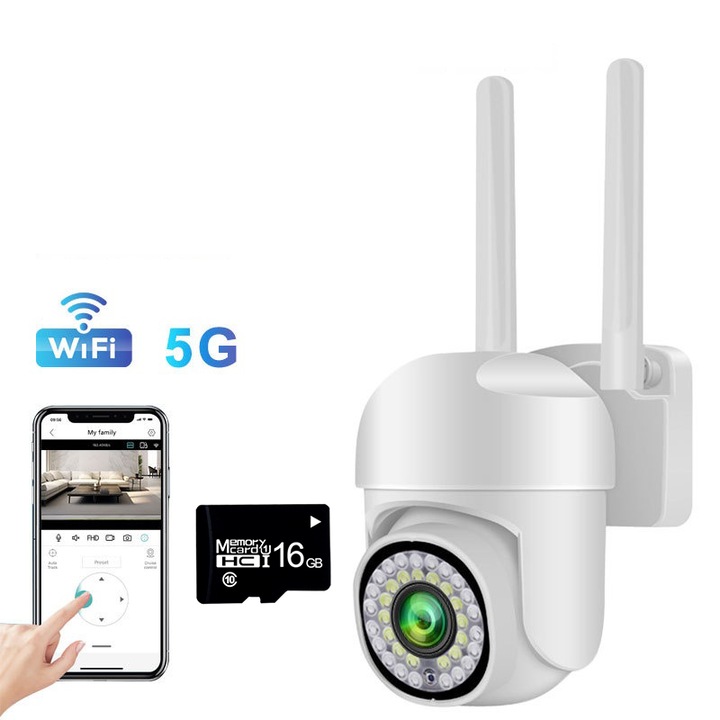 Biztonsági kamera, Full HD 1080P, forgatható, éjjellátó, mozgásérzékelés, kétirányú hang, 32G memóriakártya mellékelve, fehér