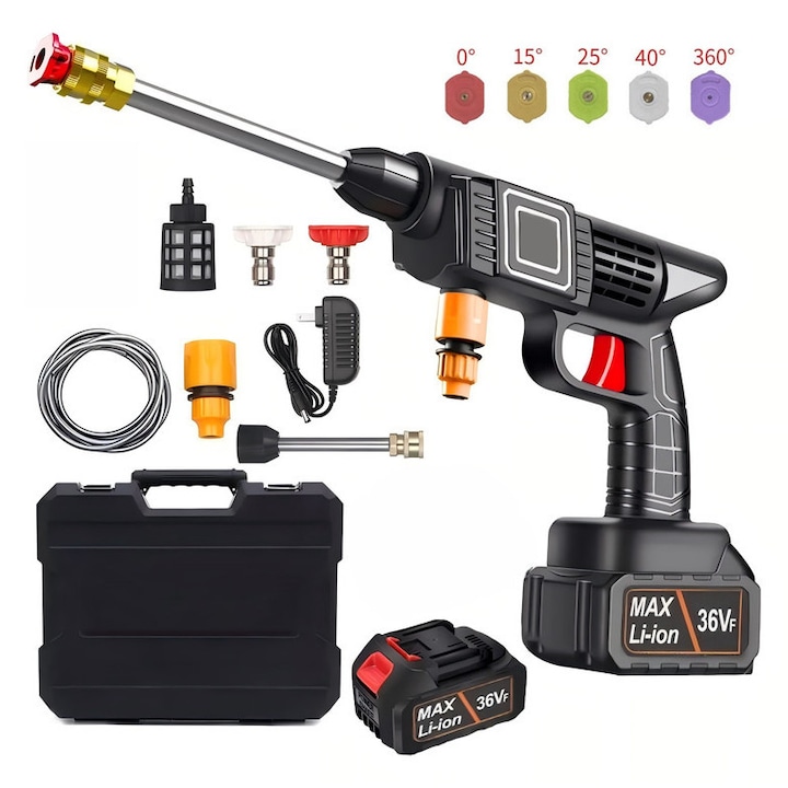 Aparat de spalat cu presiune fara fir, Spalator auto high pressure washer cu baterie 1200mAh, set (unitate goala + 12 accesorii) 5 duze (0°/15°/25°/40°/360°), furtun 6.5m, recipient spuma, ideal pentru spalat masini, udat flori si pulverizare, negru