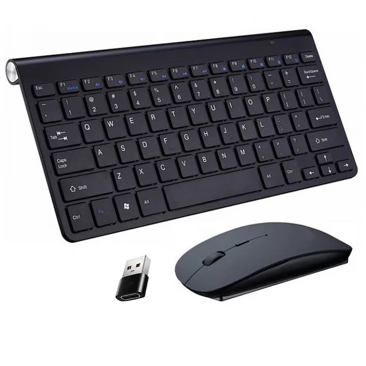 Set tastatura si mouse wireless 2.4G, ultra-subtire, silentios, mecanism tip foarfece, pentru birou, Windows, Negru