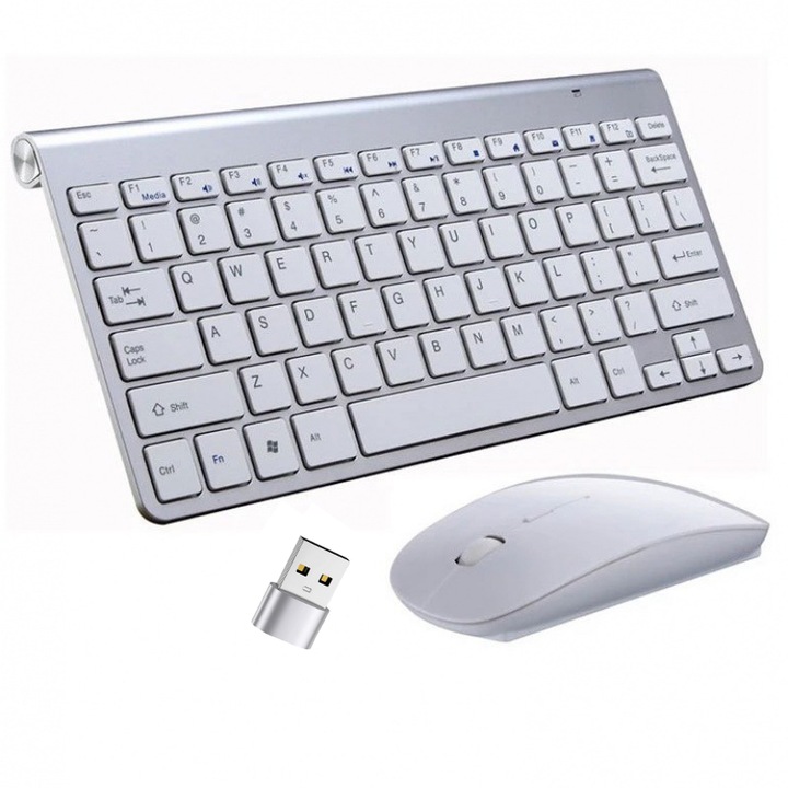 Комплект универсална комбо клавиатура и мишка, Безжични 2.4G, Click Scissor Switch, Американска Версия, Бели