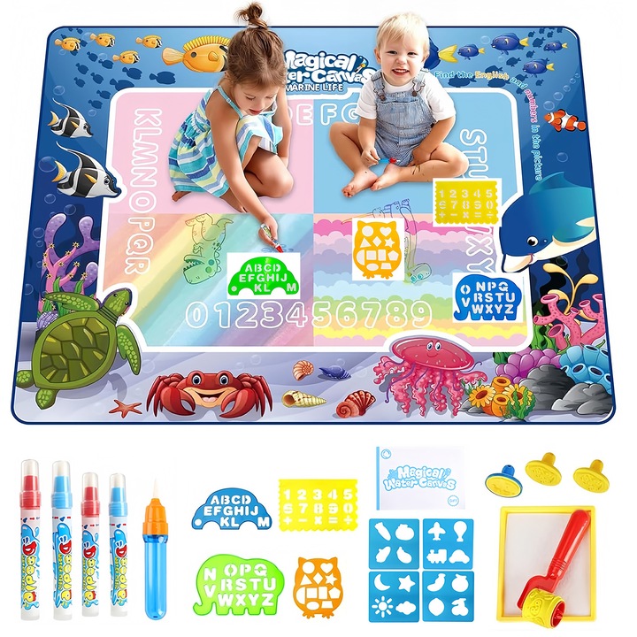 Set covor de desen interactiv 150x100cm, Morovan, 5 pixuri cu apa, animale marine