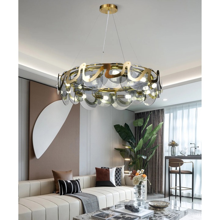 Полилей RFAN, модел H98022/750, кристална текстура, метал, 10 x E14, златист